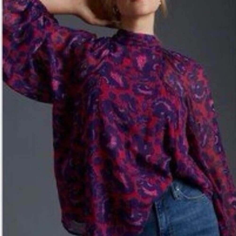 Floral Maeve by Anthropology Tie Neck Cut Out Back Blouse, XS, Purple and Pink